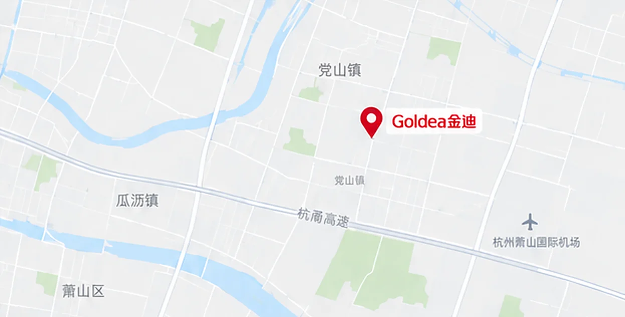 金迪总部位置地图：杭州市萧山区瓜沥镇，临近杭州萧山国际机场